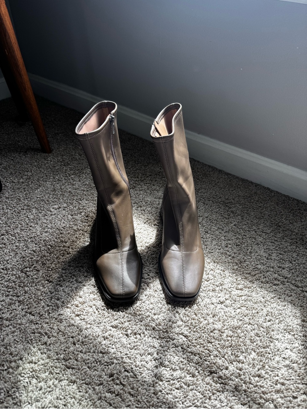 Sam Edelman Taupe Mid-Calf Block Heel Zip Boots - Picture 2 of 4